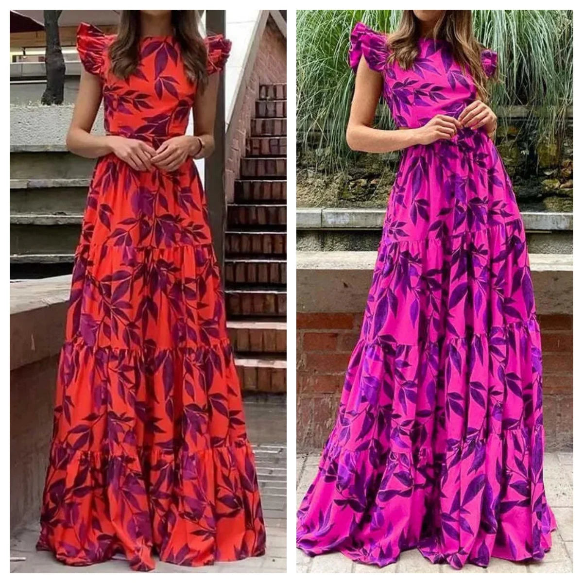 Womens Dresses Spring New Fashion Printed Temperament Flying Sleeves High Waist Casual Long Dress