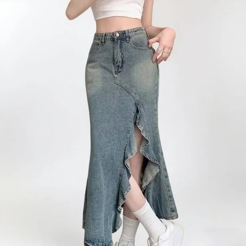Spring And Summer Korean Retro Women Denim Skirt Fashion Design Irregular Wave Slit High Waist Fishtail Skirt Mid Length Skirt