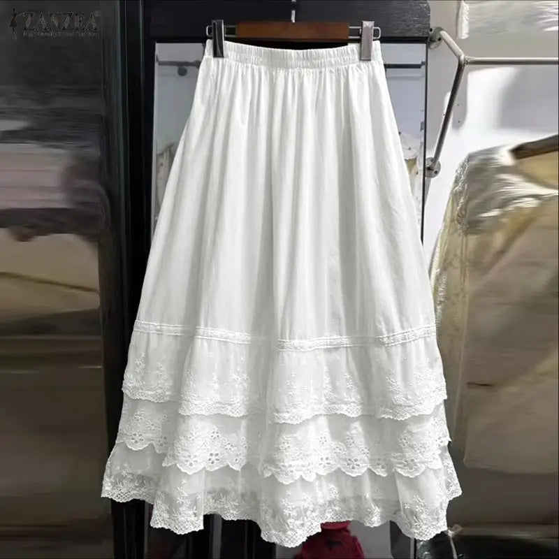 ZANZEA Autumn Lace Long Skirts Women Elastic Waist Elegant Party Maxi Bottoms Casual Oversized Ruffled Holiday Jupes Faldas Saia