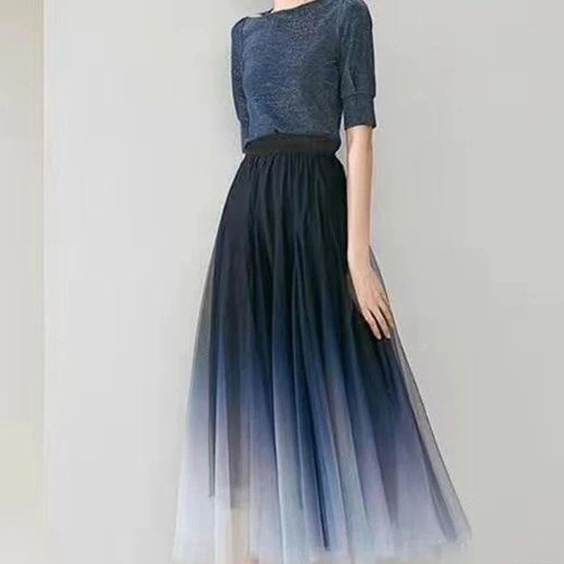 MEXZT Elegant Tulle Skirts Women High Waist Gradient Mesh Pleated Midi Skirt Korean Elastic Loose Casual All Match A Line Skirt