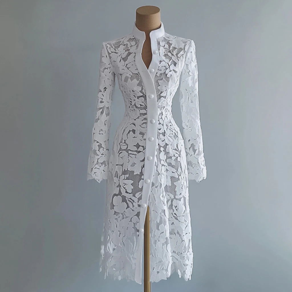 Women's Lace Dress for Women Fall Stand Collar Single Breasted Long Sleeve Coat Midi Dress See Through Elegant Sweet Dresses