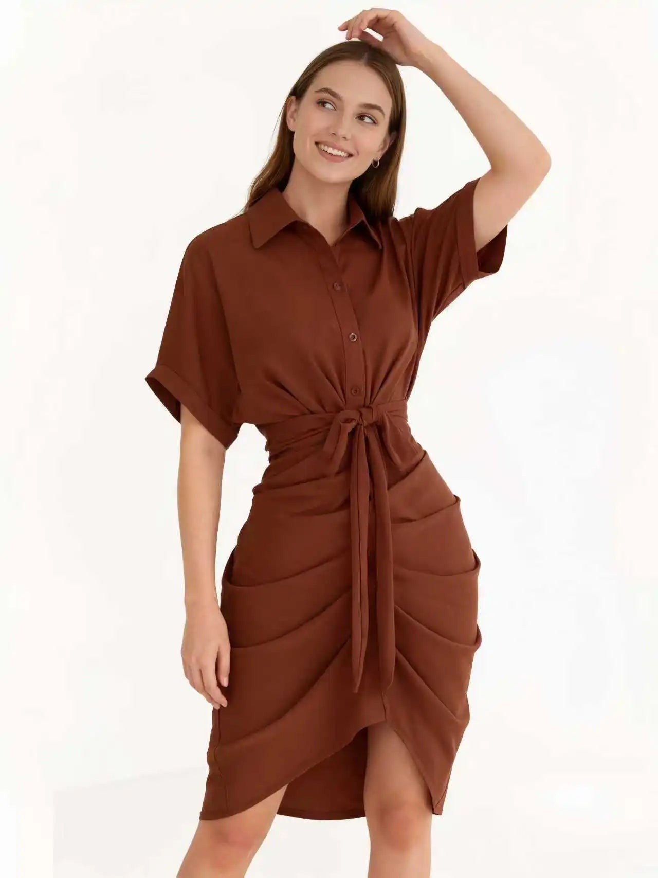 New Fashion Women Irregular Pleated Lace-Up Dress Empire Waist Knee-Length Casual Short Sleeve Office Lady Shirt Dresses