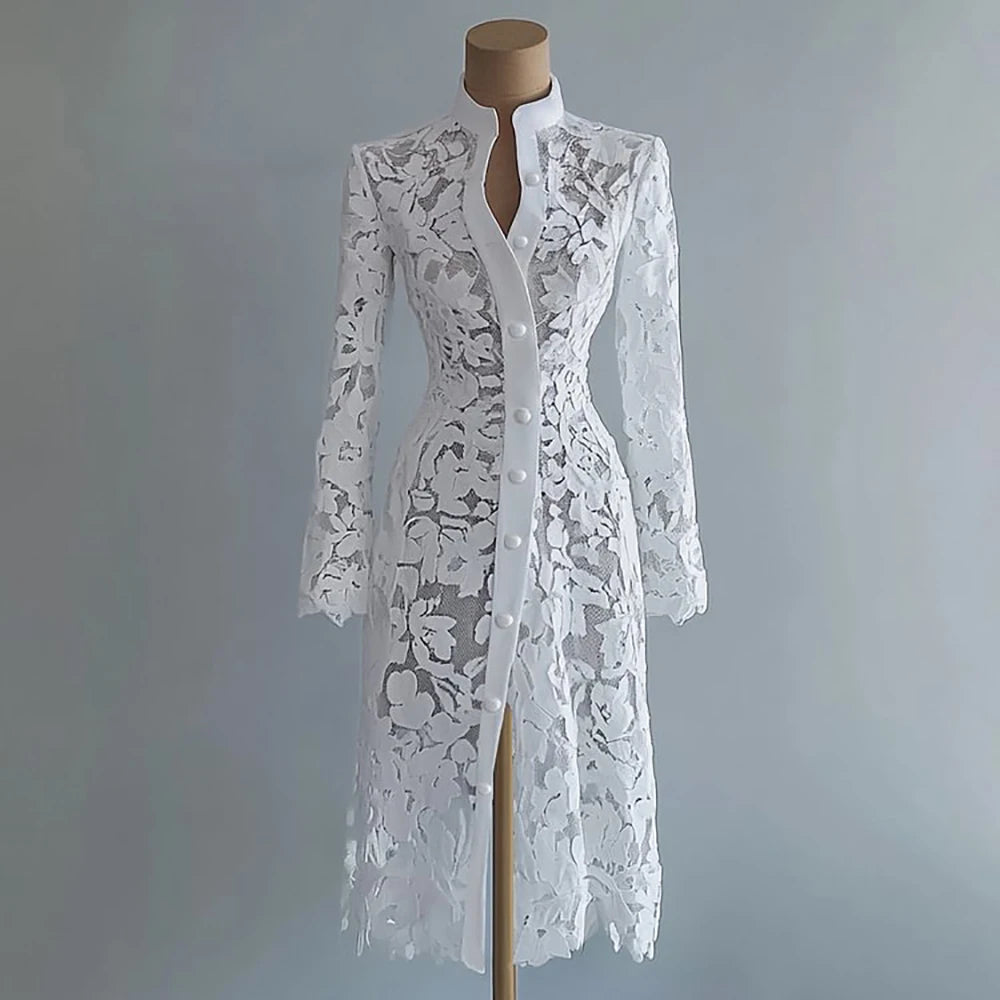 Women's Floral Lace Hollow Out Elegant Dress Solid Single-breasted Turtleneck Autumn Long Sleeve Cardigan Outwear Midi Dresses