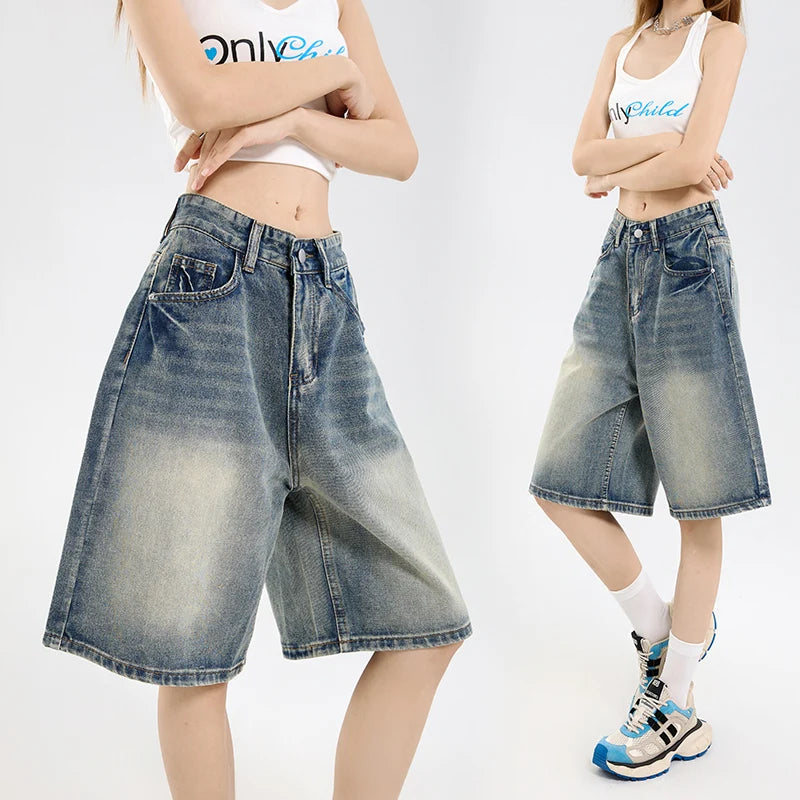 2026 Korean Street Casual Y2K Loose Wide-leg Denim Shorts Five-point Baggy Jeans Women's All-match Straight Summer Hot Shorts