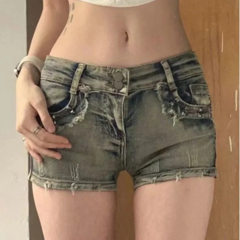 New Woman Designer Low Waist Punk Jeans Girls Aesthetic Elastic High Street Mini Pants Female Sexy Nightclub Summer Denim Shorts