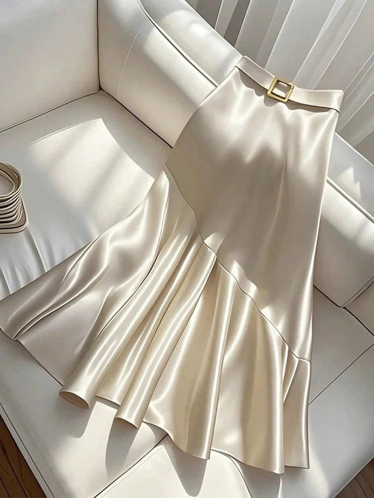 2025 New Women's Premium Design Elegant Satin A-line Half Skirt Pure Colour Belt Halter Skirt Dinner Party Dating