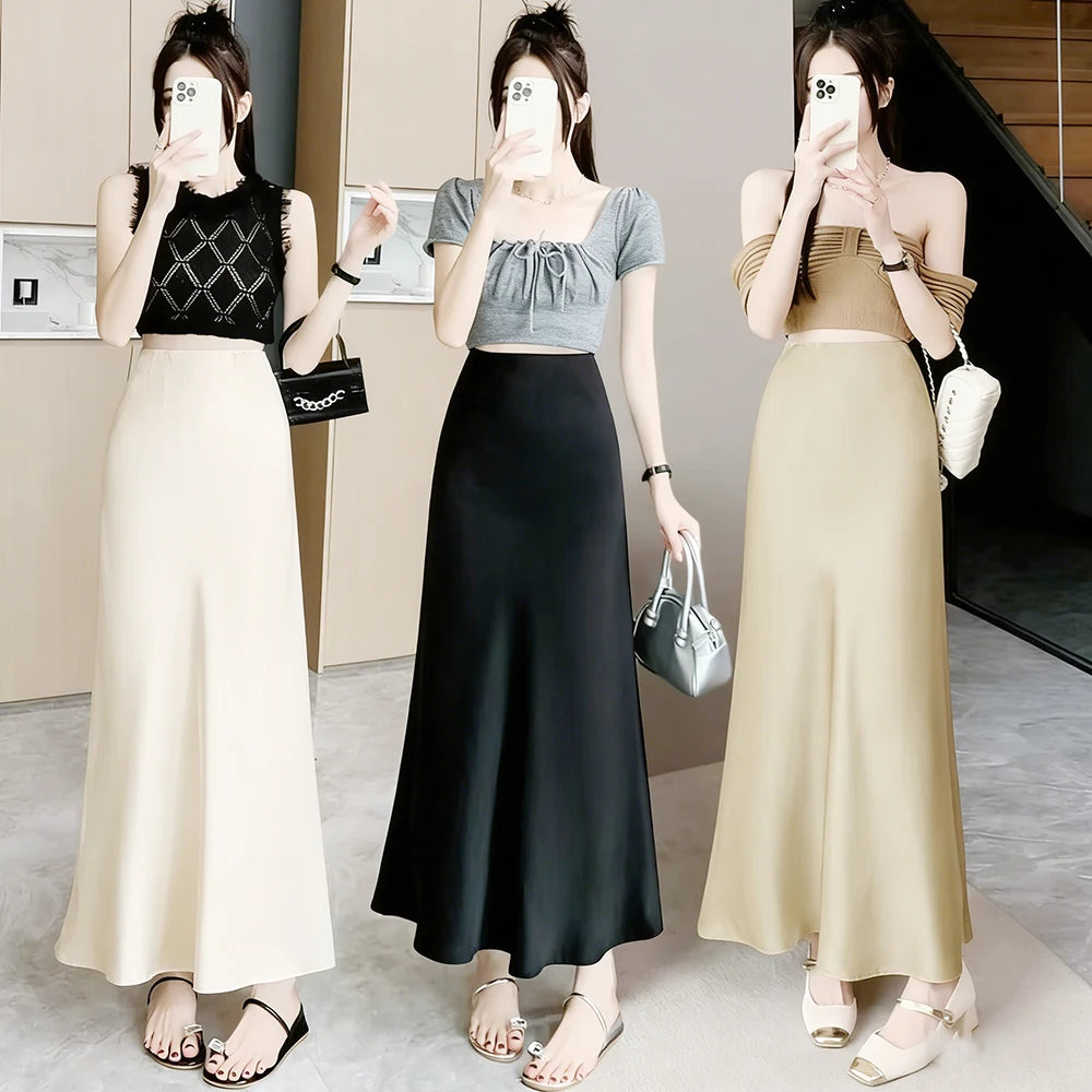 Acetic Satin Fishtail Skirt Woman Korean Fashion Elastic High Waist Skirts for Women Spring/Summer 2024 New Chic Lady Skirts