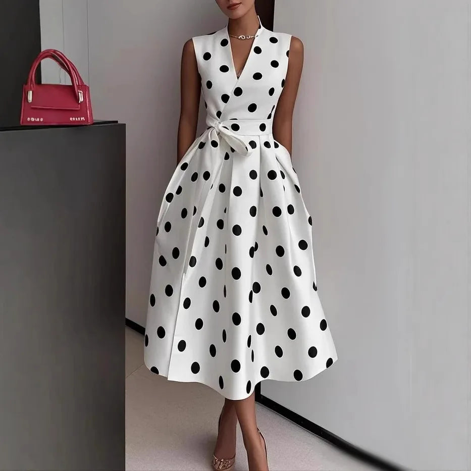 New Women's Polka Dot Dress Sleeveless V-Neck High Waist Slim Lace-up Fashionable Elegant Evening Midi Dress