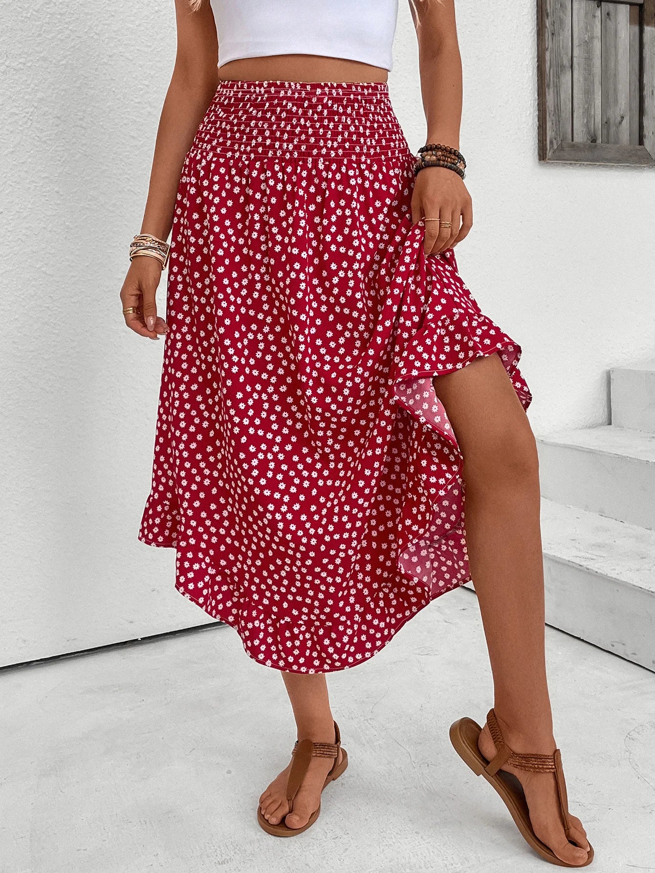 Women's Fresh Floral Print Midi Skirt Smocked Elastic Waist Asymmetric Ruffle Skirt for Spring & Summer Office & Vacation Wear