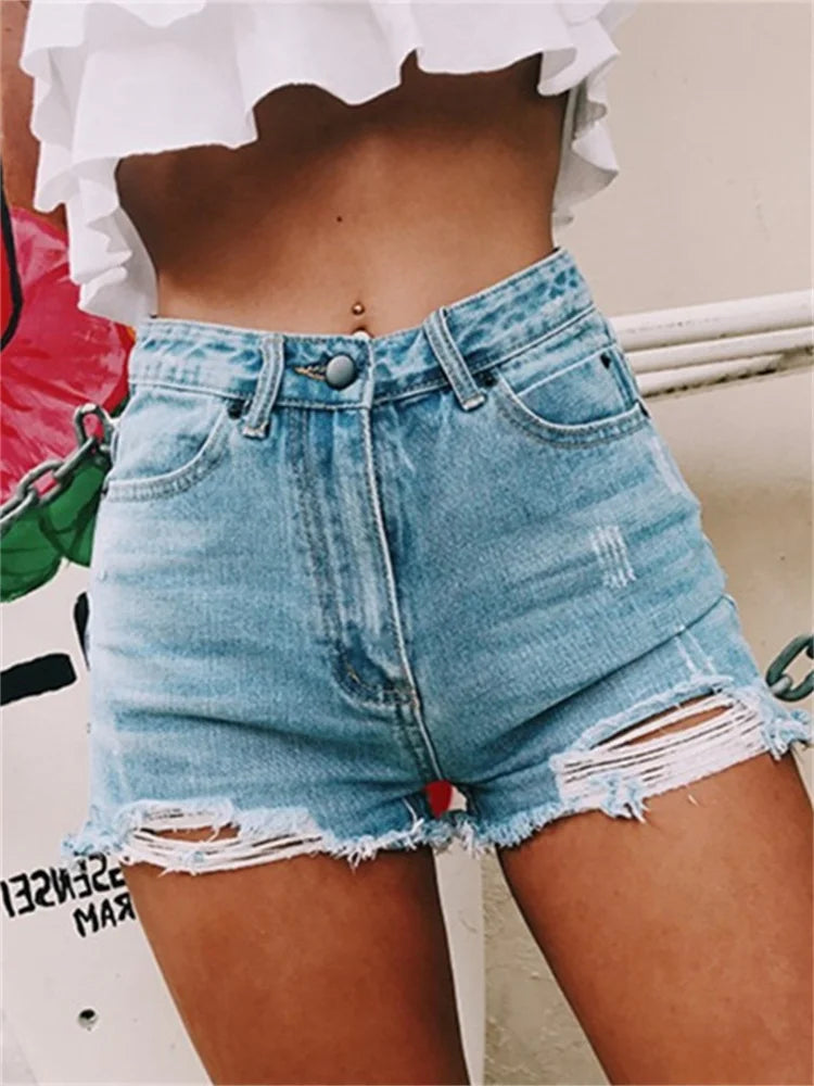 Women's Short Jeans High Waist Classic Holes Shorts Summer Casual Denim Short Pants