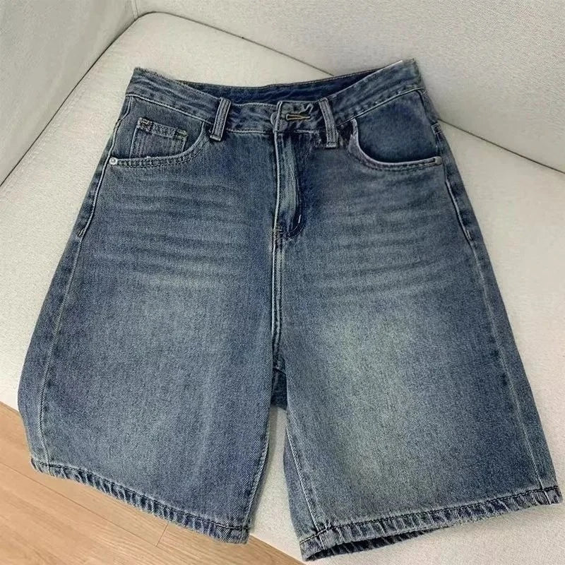 Spring Summer Women Casual Denim Shorts Fashion Female Wide Leg Short Jeans Knee Lenght Denim Pant Women High Waist Shorts Girls