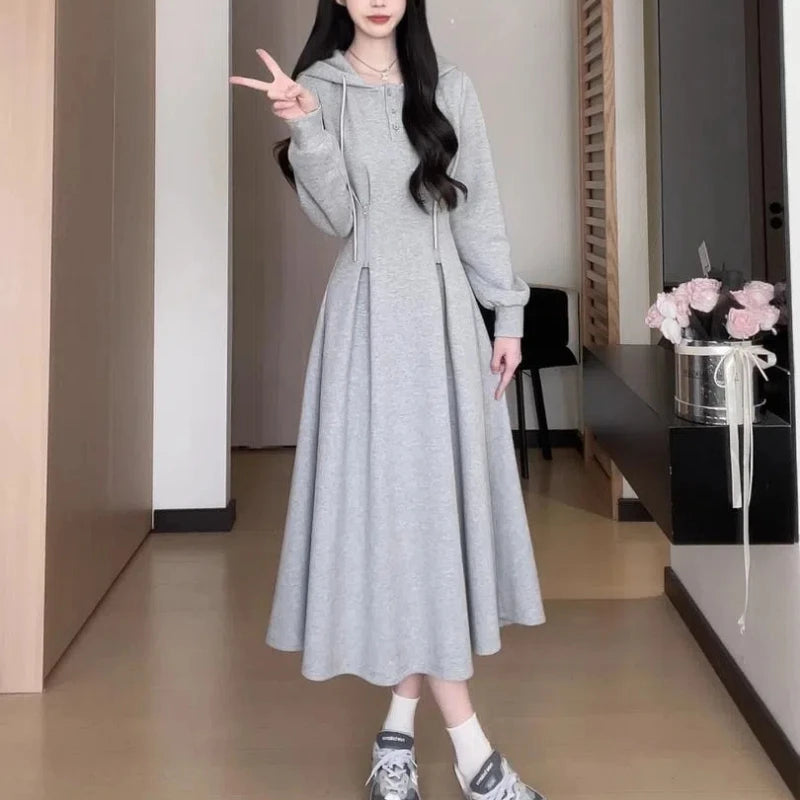Autumn Winter Style Drawstring Pleated Hooded Sweatshirt A-line Skirt Women's Clothing with for Slimming Waist Cinching Dresses
