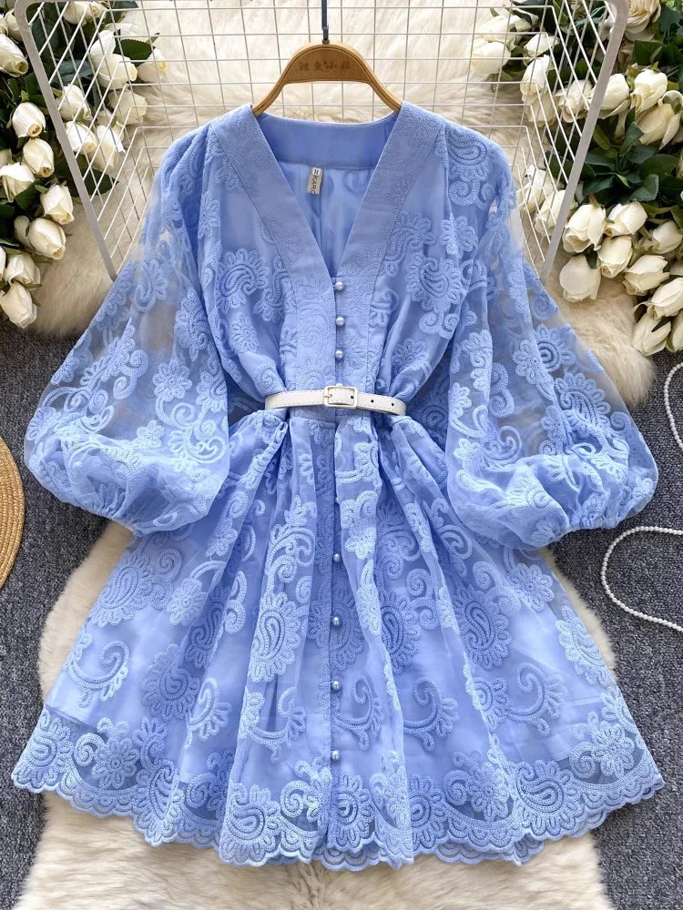 France Elegant Vintage Palace Evening Dress Women Embroidery Sashes Short Party Dress Female Design Casual Holiday Clothing New