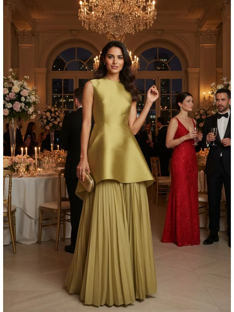 Women's Gold Elegant Evening Dress Round Neck Sleeveless High Waist Pleated A-line Party Dresses Floor Length Wedding Dress